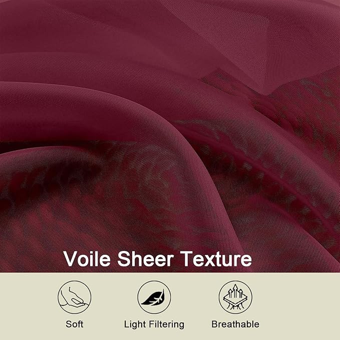 Burgundy Sheer Curtains for Bedroom Living Room 45 Inch Length 2 Panels - Image 3