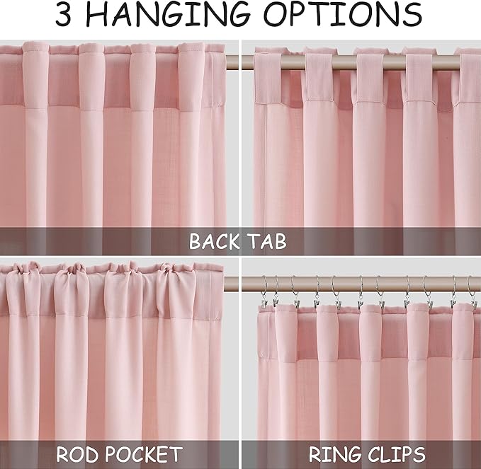Nanspring Pink Linen Curtains 96 Inches Long 2 Panels Set - Image 2