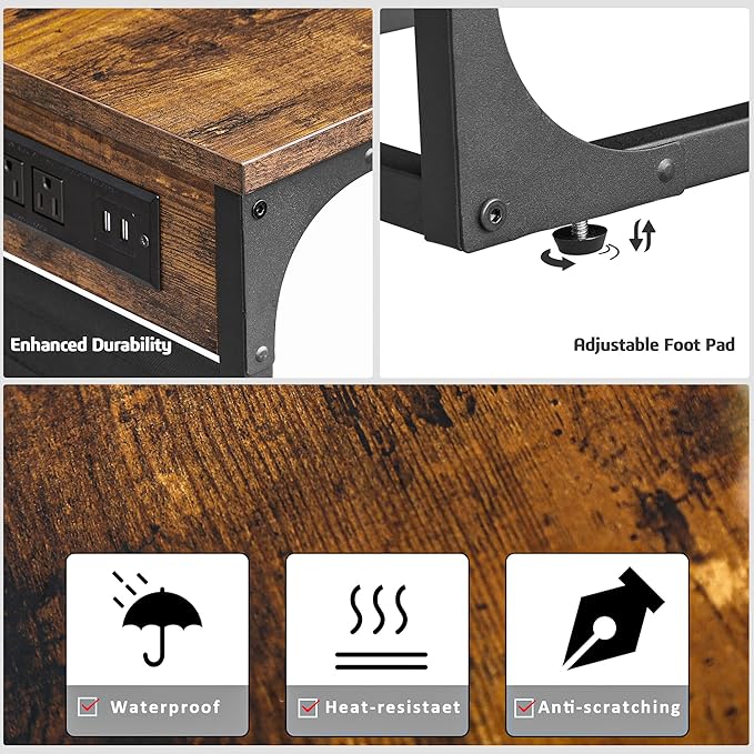 TUTOTAK C Shaped End Table with Charging Station, Side Table for Sofa, Couch Table with Storage Bag, TV Tray with 2 USB Ports and Outlets for Living Room, Bedroom, Brown TB01BB024