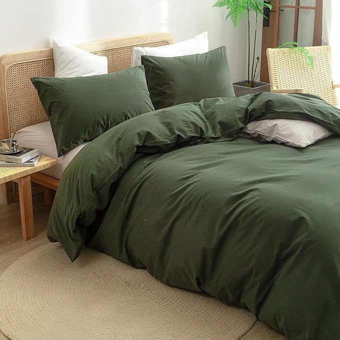 BESTOUCH Duvet Cover Set 100% Washed Cotton Linen Feel Super Soft Comfortable Chic Lightweight 2 PCs Home Bedding Set Solid Olive Green Twin/Twin XL