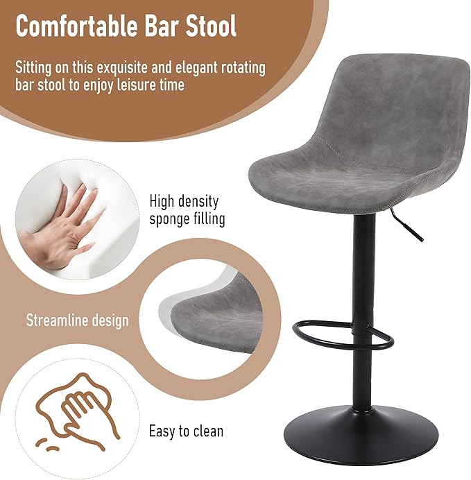 Bar Stools, Swivel Counter Height Barstools with Back, Adjustable Modern Bar Chairs, Tall Armless PU Leather Kitchen Island Stool (Grey, Set of 2)