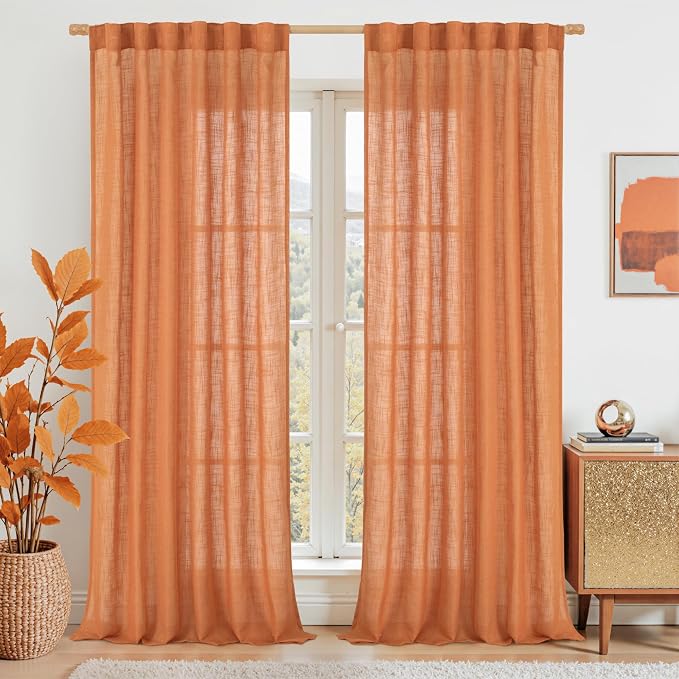 LAMIT Burnt Orange Sheer Linen Curtains, 108 inch Light Filtering Semi Sheer by LAMIT