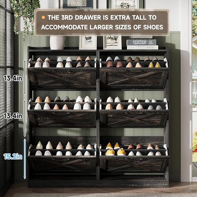 Maupvit Large Shoe Storage Cabinet with 6 Flip Drawers, Freestanding Shoe Organizer with Metal Handles for Entryway, Narrow Shoe Rack Cabinet, Dark Rustic Oak