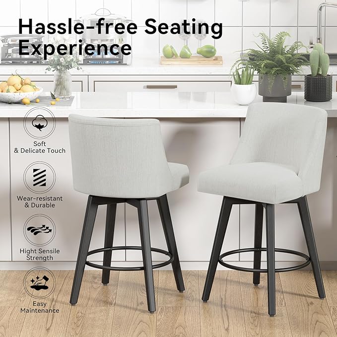 Counter Height Swivel Bar Stools Set of 6, 26 Inch Bar Stools with Footrest, Linen Fabric Upholstered Barstools with Back and Solid Wood Legs for Kitchen Island, Dining Room,Pub,White
