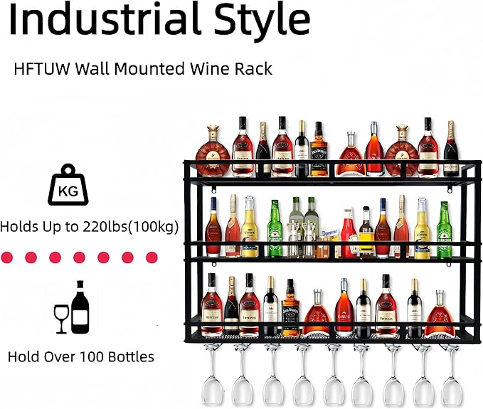 47 Inch Metal Wine Rack Wall Mounted, Bar Shelves for Liquor Bottles with LED Light, 3 Tier Large Capacity Liquor Rack Wall Mounted with Glass Holder for Home Bar & Dining Room, Gold