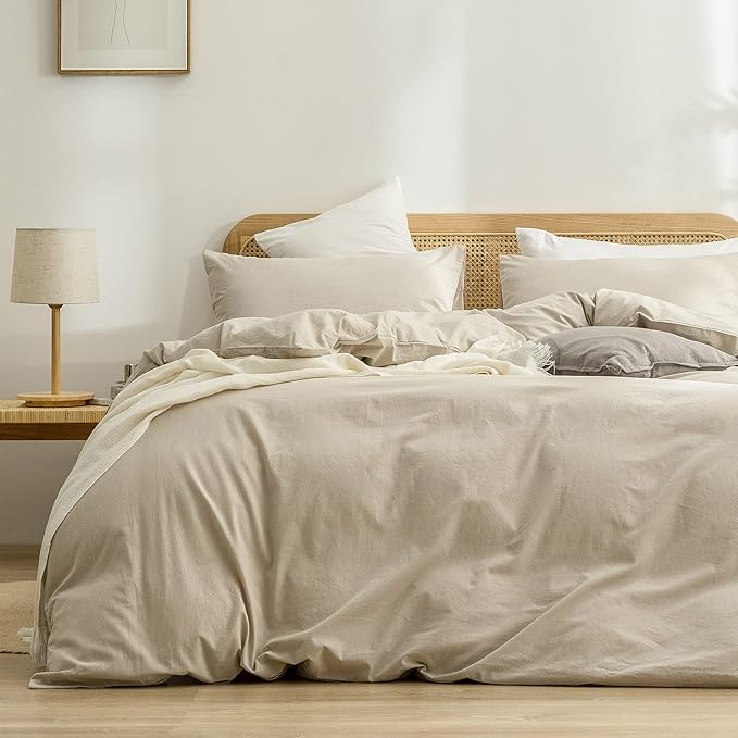 BESTOUCH Duvet Cover Set 100% Washed Cotton Linen Feel Super Soft Comfortable Chic Lightweight 3 PCs Home Bedding Set Solid Almond Milk Grey Oversized King