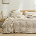 BESTOUCH Duvet Cover Set 100% Washed Cotton Linen Feel Super Soft Comfortable Chic Lightweight 3 PCs Home Bedding Set Solid Almond Milk Grey Oversized Queen