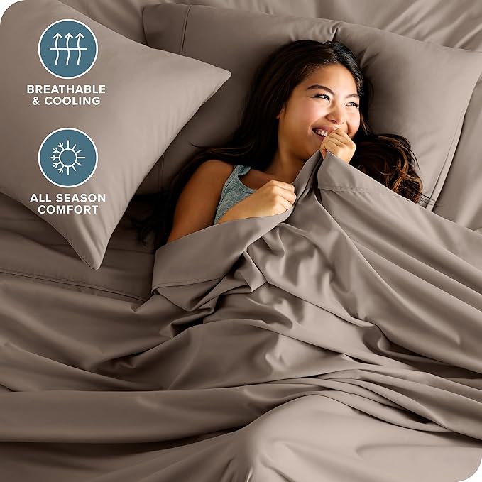 Bare Home Short Queen Sheet Set - 1800 Ultra-Soft Microfiber - Double Brushed - Deep Pockets - Easy Fit - 4 Piece Set - Bed Sheets (Short Queen, Taupe)
