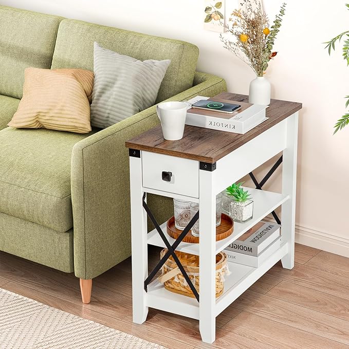 Narrow End Table with Charging Station - Farmhouse Slim Side Table, w/USB Ports Power Outlets, Nightstand w/Flip Top Storage Drawer, for Small Spaces Living Room Bedroom, Brown White