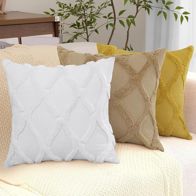 decorUhome Throw Pillow Covers 20x20 Inch Set of 2, Soft Plush Faux Fur Wool Khaki Couch Pillow Covers, Decorative Neutral Pillow Cases for Bed Sofa Living Room Home Decor