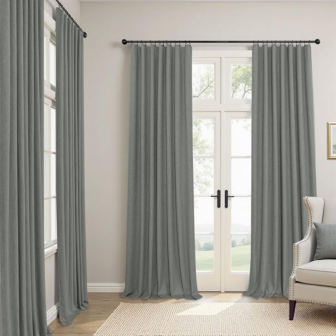 Gray Blackout Curtains 96 Inches Long 2 Panel Burg Linen Textured Charcoal Dark - Image 2
