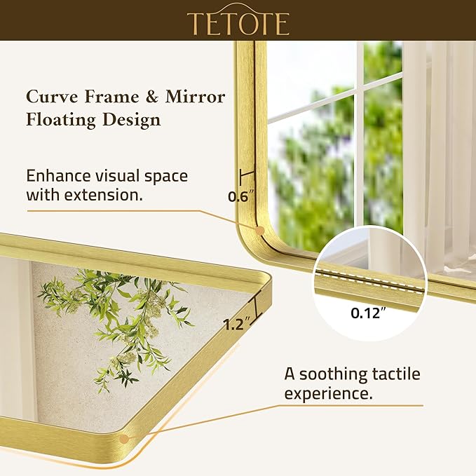 TETOTE Brushed Gold Bathroom Mirror 40 x 24 Gold Metal Framed Bathroom Mirror, Tempered Glass, Modern Farmhouse Wall Mounted Mirror for Decorative(Horizontal/Vertical)