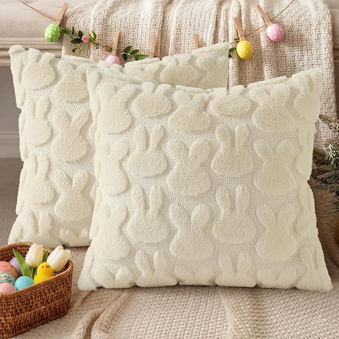 decorUhome Easter Bunny Pillow Covers 18x18 Inch Set of 2, Soft Plush Faux Wool - Image 6
