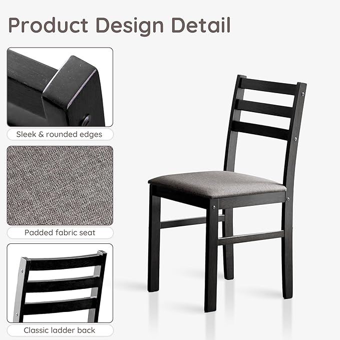 Livinia Seattle Modern Farmhouse Kitchen Dining Room Chair Set of 2, Solid Wood Fabric Upholstered Cushion Seat Wood Ladder Back Chairs (Black)