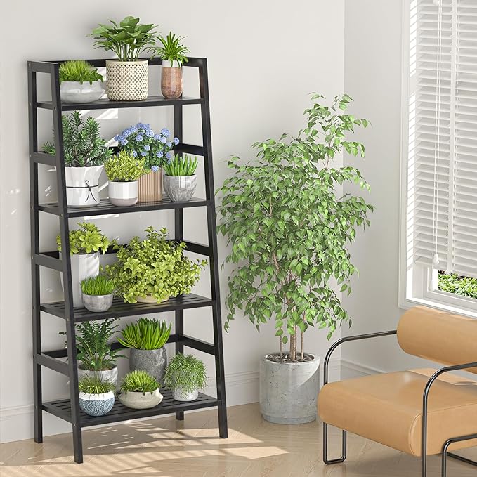 Homykic Bamboo Bookshelf 4-Tier Ladder Shelf, 49.2” Freestanding Open Bookcase Book Shelf Bathroom Storage Shelf Unit Plant Stand for Small Space, Living Room, Bedroom, Home Office, Black
