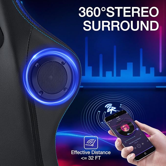 HOFFREE Gaming Chair with Music Rhythm RGB LED Lights and Bluetooth Speakers Ergonomic Massage Computer Gaming Chair with Footrest Video Game Chair High Back with Lumbar Support Blue and Black