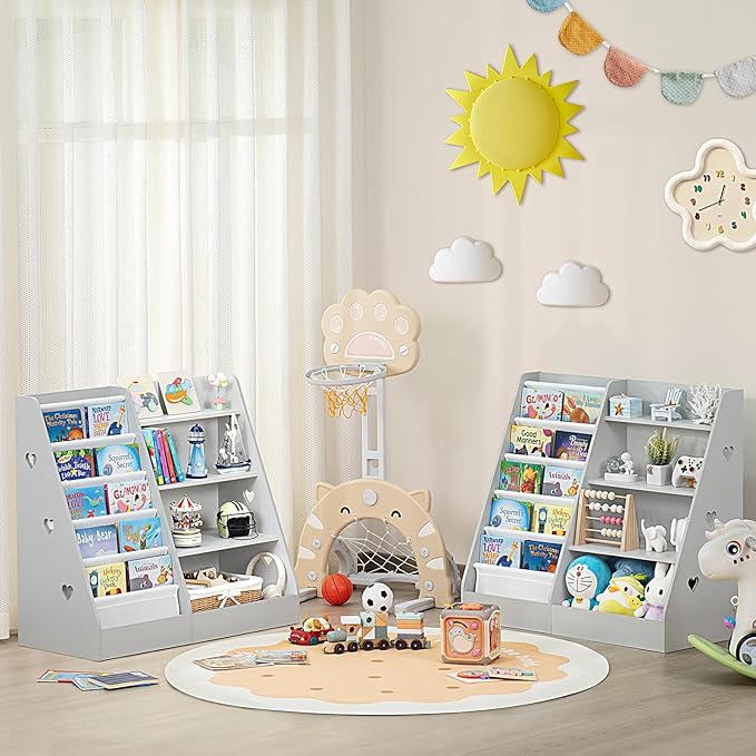 Lerliuo 4 Tier Kids Bookshelf and Storage Organizer, Five Layer Sling Children Bookcase, Baby Toddler Wooden Book Shelf, Display Cabinet for Playroom, Bedroom, Classroom, Nursery, School (Grey)