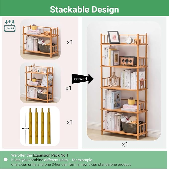 GOGOGO Bamboo Bookshelf -Tool-Free Assembly, Modular, Eco-Friendly Wooden Bookcase, Height Extendable(Natural, 11.8" H(3 Tier))