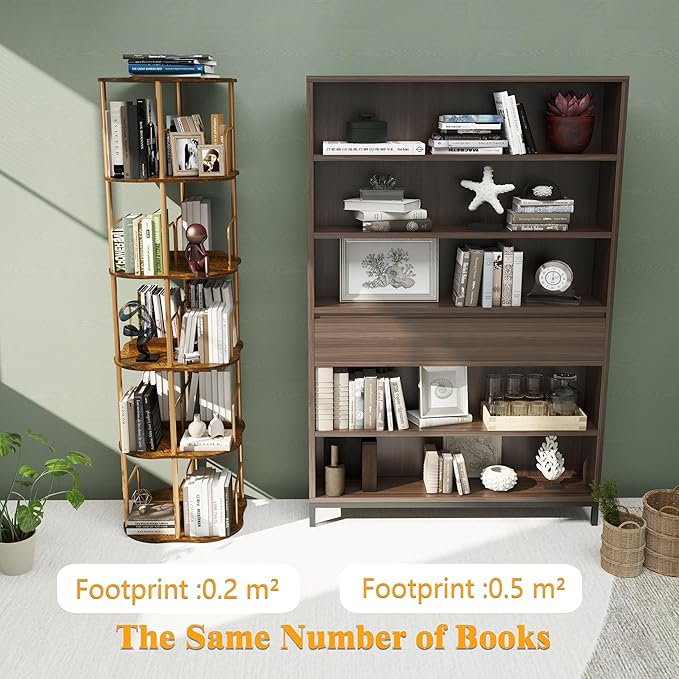 5-Tier Rotating Bookshelf, 360 ° Display Stackable Spinning Bookshelf Tower, Narrow Space Saving Tall Floor Standing Swivel Bookcase Corner Organizer for Bedroom, Living Room, Gold