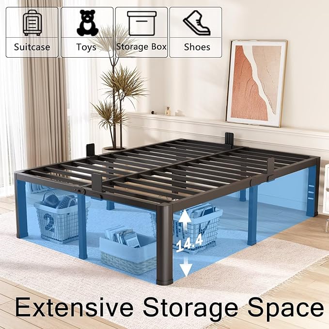 FUIOBYVV 16 Inch King Bed Frame with Rounded Corner and Headboard Hole Mattress Retainers 3500 LBS Metal Heavy Duty Steel Slats Support No Box Spring Needed Platform Noise Free Easy Assembly
