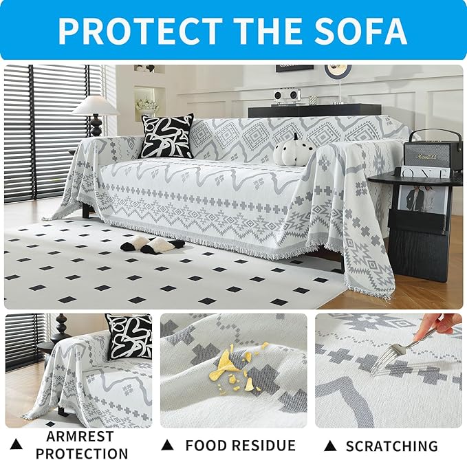 LUFEIJIASHI Boho Couch Covers for Sofa Non Slip Sofa Covers Washable Couch Covers for 3 Cushion Couch Sofa Pet Friendly Sectional Couch Cover Blanket Furniture Protector for Dogs (Grey, 71"x134")