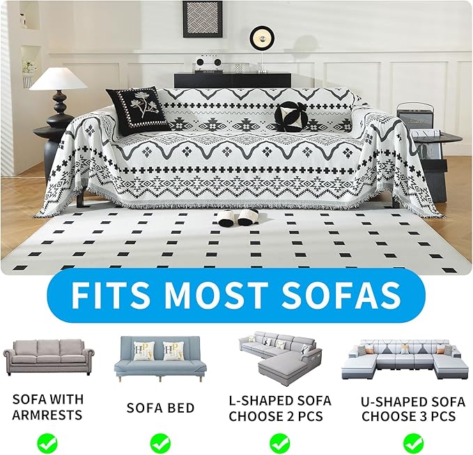 LUFEIJIASHI Boho Couch Covers for Sofa Non Slip Sofa Covers Washable Couch Covers for 3 Cushion Couch Sofa Pet Friendly Sectional Couch Cover Blanket Furniture Protector for Dogs (Black, 91"x118")