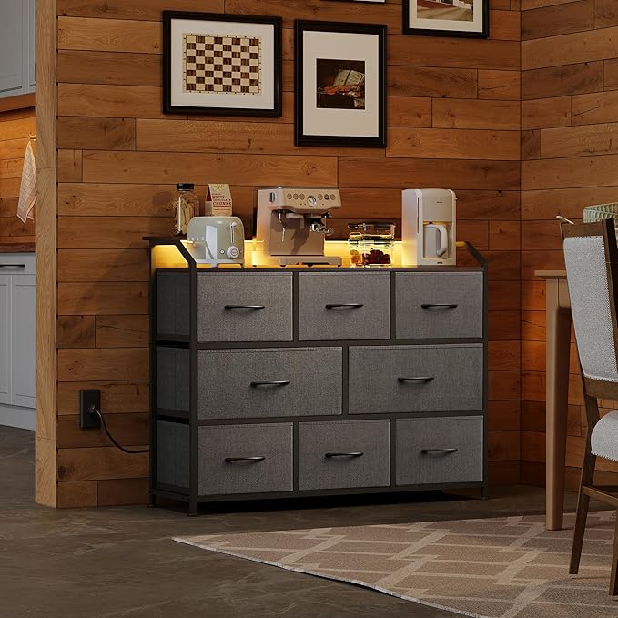 WLIVE Dresser TV Stand with Power Outlets, Led Dresser for Bedroom, Fabric Chest of Drawers with Double Open Shelves, Wood Top, Steel Frame, 6 Drawer Dressers for Closet, Living Room, Dark Grey