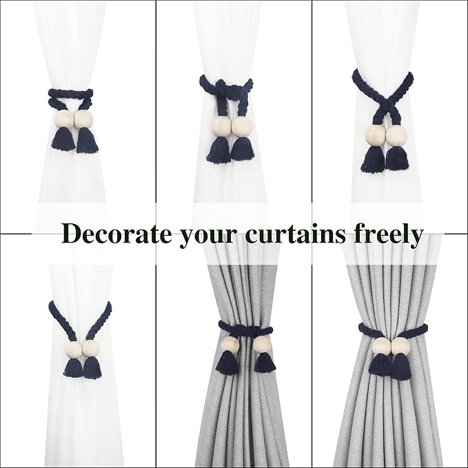 2 Pack Magnetic Curtain Tiebacks Cotton Hand Woven Tie Back Decorative Rope - Image 5