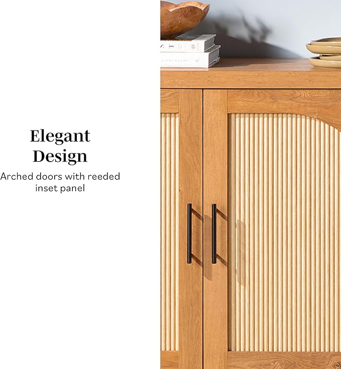 Walker Edison Sasha 4-Door Reeded Sideboard Buffet with Cord Management, 70 Inch, English Oak