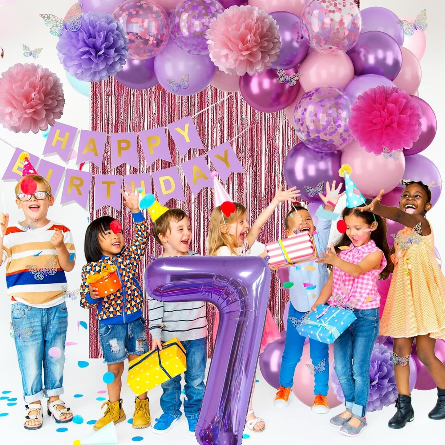 Pink Purple 7th Birthday Party Decorations for Girls Number 7 Balloon Happy Birthday Banner Butterfly Stickers Fringe Curtain Paper Pom Poms Metallic Hot Pink Star Foil Balloons 7 Year Old Princess