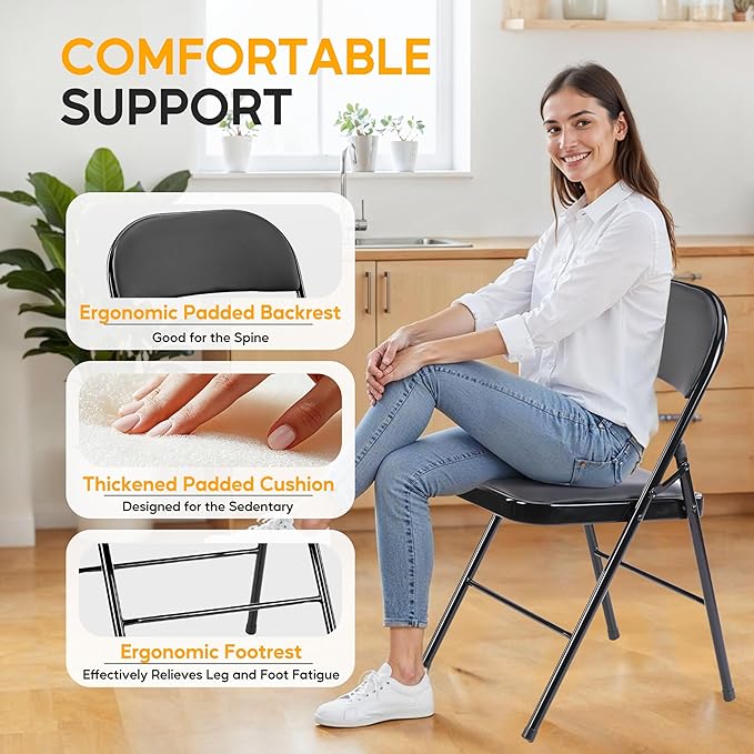 HealSmart 2 Pack Folding Chairs with Leather Padded Cushion Seats, Back & Sturdy Metal Frame, Stackable, Portable, Commercial Event Seat, Indoor Outdoor for Parties, Home Event, Office, Black