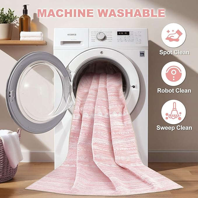 Nakagishi Pink Rugs for Bedroom Girls: 5x7 Washable Boho Large Neutral Area Rug - Image 2