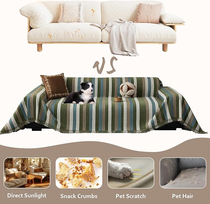STACYPIK Thick Jacquard Green Couch Cover, Washable Sofa Cover for 3 Cushion Couch, Washable Chenille Couch Cover Blanket, Multi-use Sofa Protector Slipcover, Furniture Protector Pet-Friendly-71X150IN