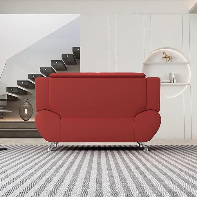 Container Furniture Direct Michael Modern Faux Leather Upholstered Stainless Steel Legs Living Room Sofa, Loveseat, Persian Red