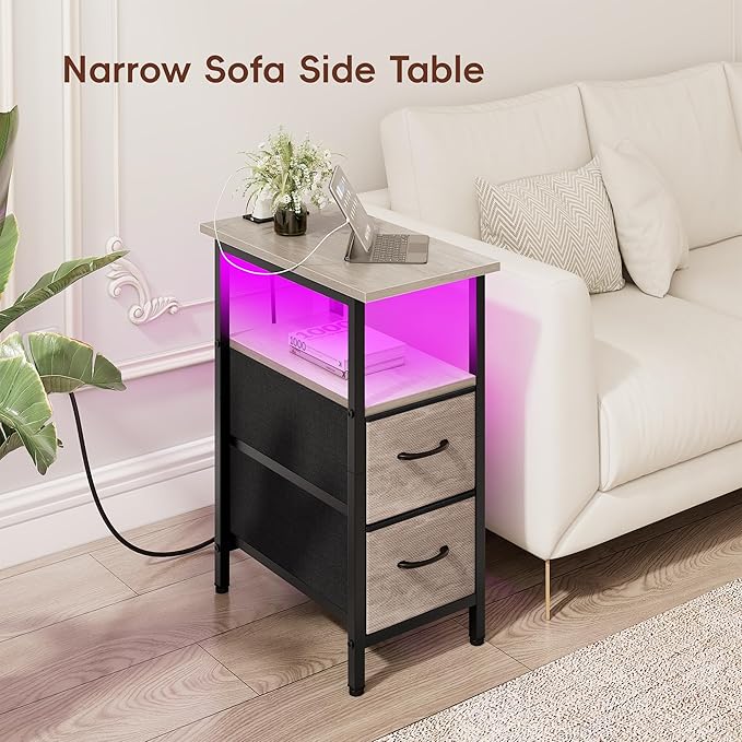 Vagusicc Set of 2 Nightstand with Charging Station and LED Lights, Narrow Side Table, LED Night Stand with 2 Fabric Drawers, Bedside Table Small End Table, Tall Nightstand for Bedroom, Rustic Grey