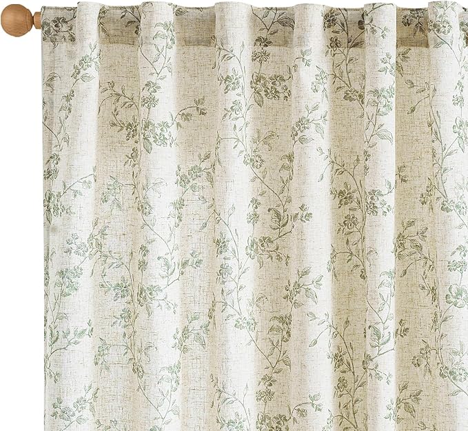 Lazzzy Linen Farmhouse Curtains Green Floral Curtains 63 Inch Length Back Tab by Lazzzy