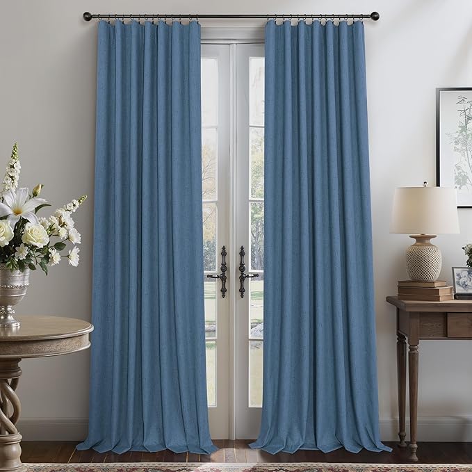 Denim Blue Back Tab Blackout Curtains 108 Inches Long 2 Panel Set Cotton Linen - Image 7