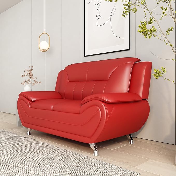 Container Furniture Direct Michael Modern Faux Leather Upholstered Stainless Steel Legs Living Room Loveseat, Red