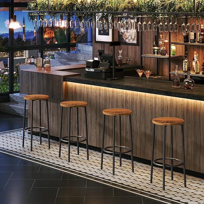 HOOBRO Bar Stools Set of 4, Counter Height Stools, Kitchen Round Height Stools, Bartools with Metal Frame and Smooth Top, for Kitchen, Bar, Cafe, Dining Room, Rustic Brown and Black BF03BYP401N1