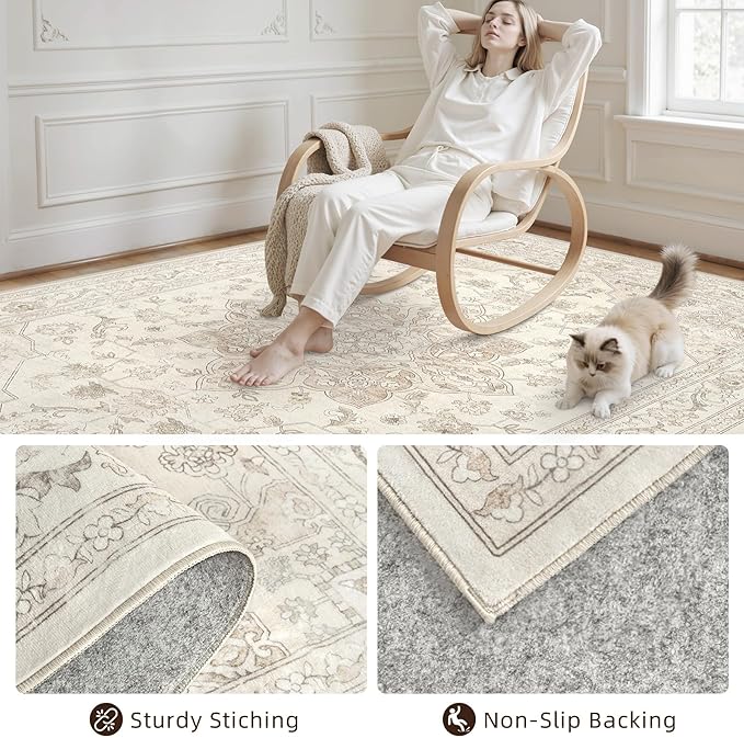 6x9 Area Rugs for Living Room: Vintage Boho Neutral Washable Rug Indoor Soft - Image 4