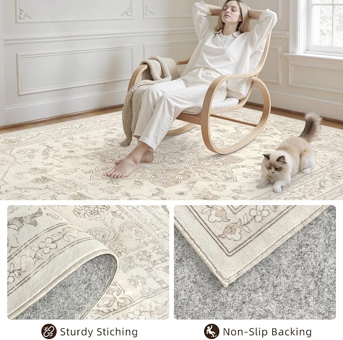 5x7 Area Rugs for Living Room: Vintage Boho Neutral Washable Rug Indoor Soft - Image 4
