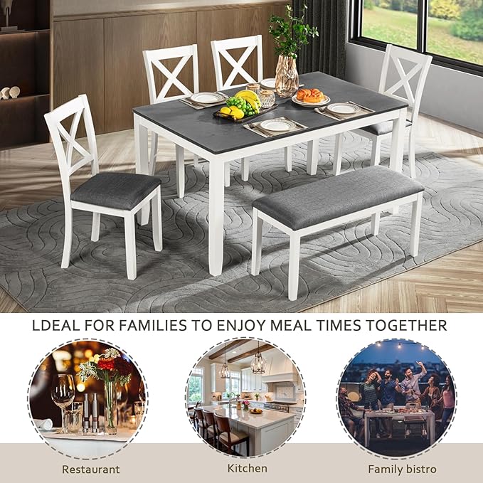 Ball & Cast 6 Piece Dining Table Set with 4 Upholstered Chairs & 1 Bench,Wooden Living Room Furniture for 6 W/ 58.5" Rectangle Kitchen Desk,for Dining Room,Home Bistro,Apartment,White+Gray