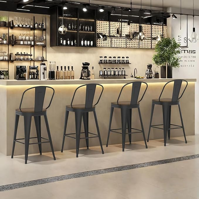 24” Swivel Bar Stools Set of 4, Counter Height Bar Stools Wooden Seat, Metal Industrial Bar Chairs with High Back for Kitchen Island (Black)