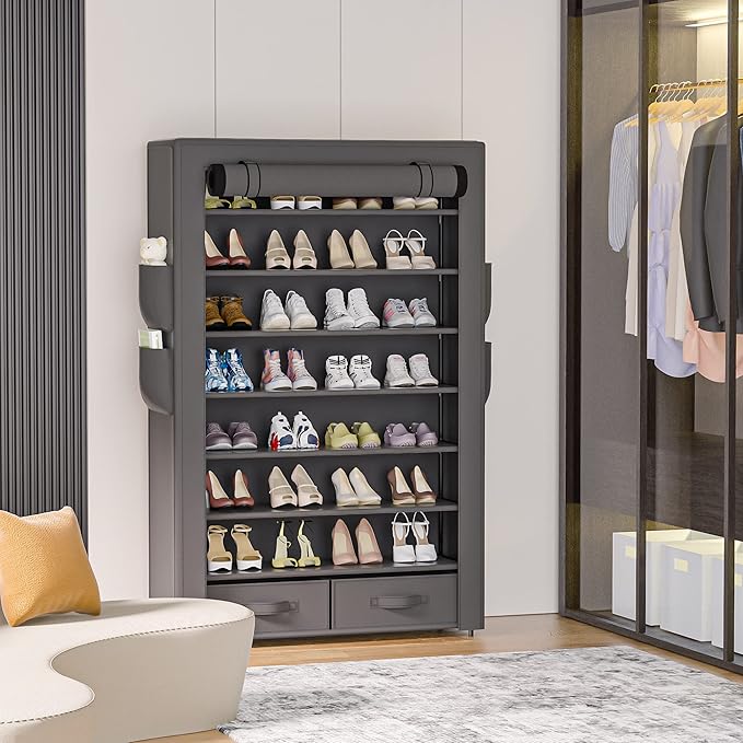 Shoe Rack Storage Cabinet 32 Pairs Organizer Shelf Tall for Shoes Large Free Standing Racks Vertical Shoe Holder Stand with Cover Two Boxes Closet