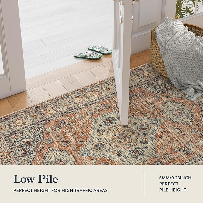 Lahome Oriental Door Mat Indoor Entrance, 2x3 Washable Indoor Rugs for Entryway Soft Small Kitchen Rugs Non Slip Ultra-Thin, Vintage Door Mat Carpet for Bedroom Bathroom, Peach/Orange