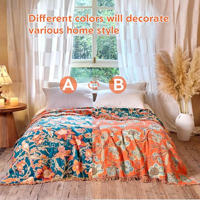 MSGKV Boho Throw Blanket for Couch Chair 100% Cotton Floral Bird Blanket - Image 3