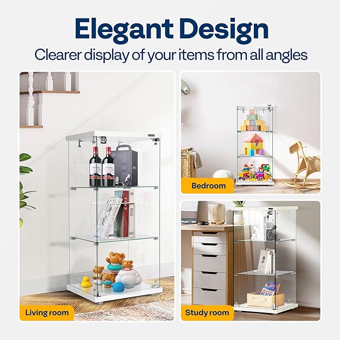 VIVOHOME 3 Layers 16''W x 16''D x 33''H Glass Display Cabinet Showcase Countertop with Lock, 4mm Tempered Glass 25mm MDF Base