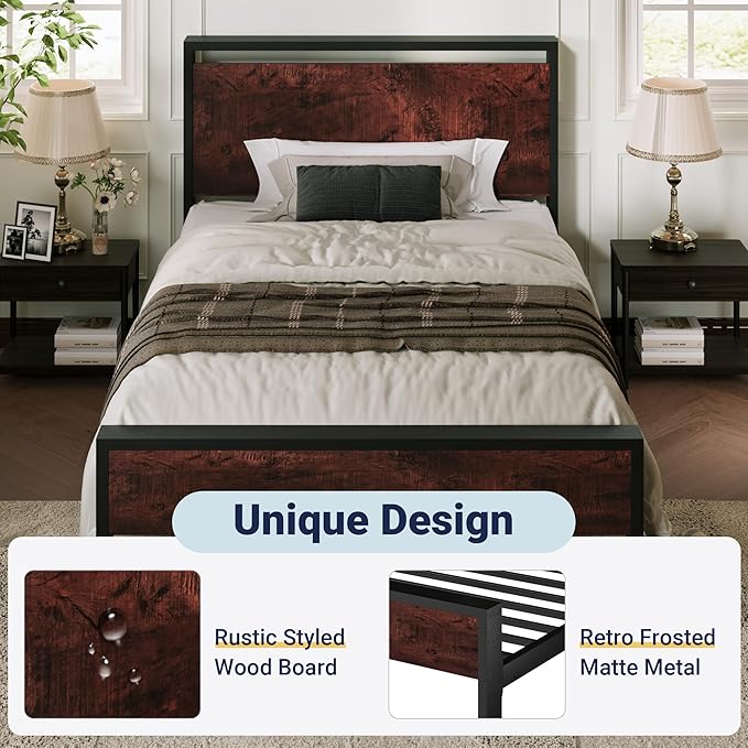Allewie Twin Size Platform Bed Frame with Wooden Headboard and Footboard, Heavy Duty Metal Slats Support, No Box Spring Needed, Under-Bed Storage, Noise Free, Easy Assembly, Mahogany