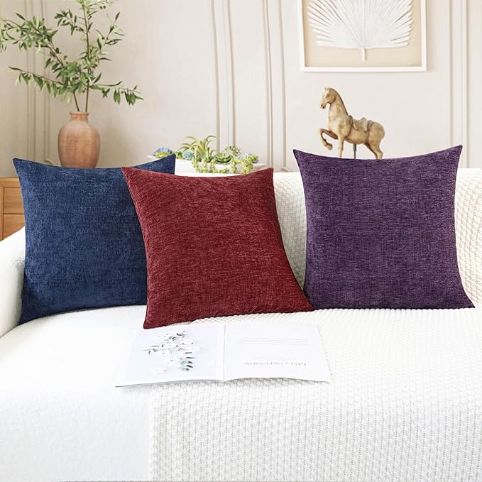 CaliTime Throw Pillow Covers Decorative 22 X 22 Inches Pack of 2 Cozy Chenille Cushion Cases for Couch Sofa Bed Living Room Home Burgundy