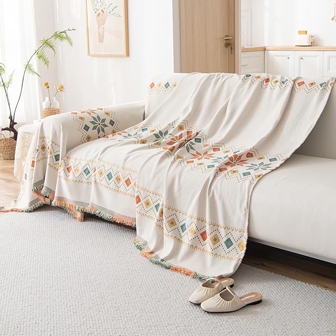 STACYPIK Thick Boho Beige Sofa Cover, Jacquard Chenille Couch Cover for Sectional, Non-Slip Geometric Furniture Protector for 3 Cushion Couch, L Shaped Sofa Cover Decorative Sofa Slipcover-71X134IN